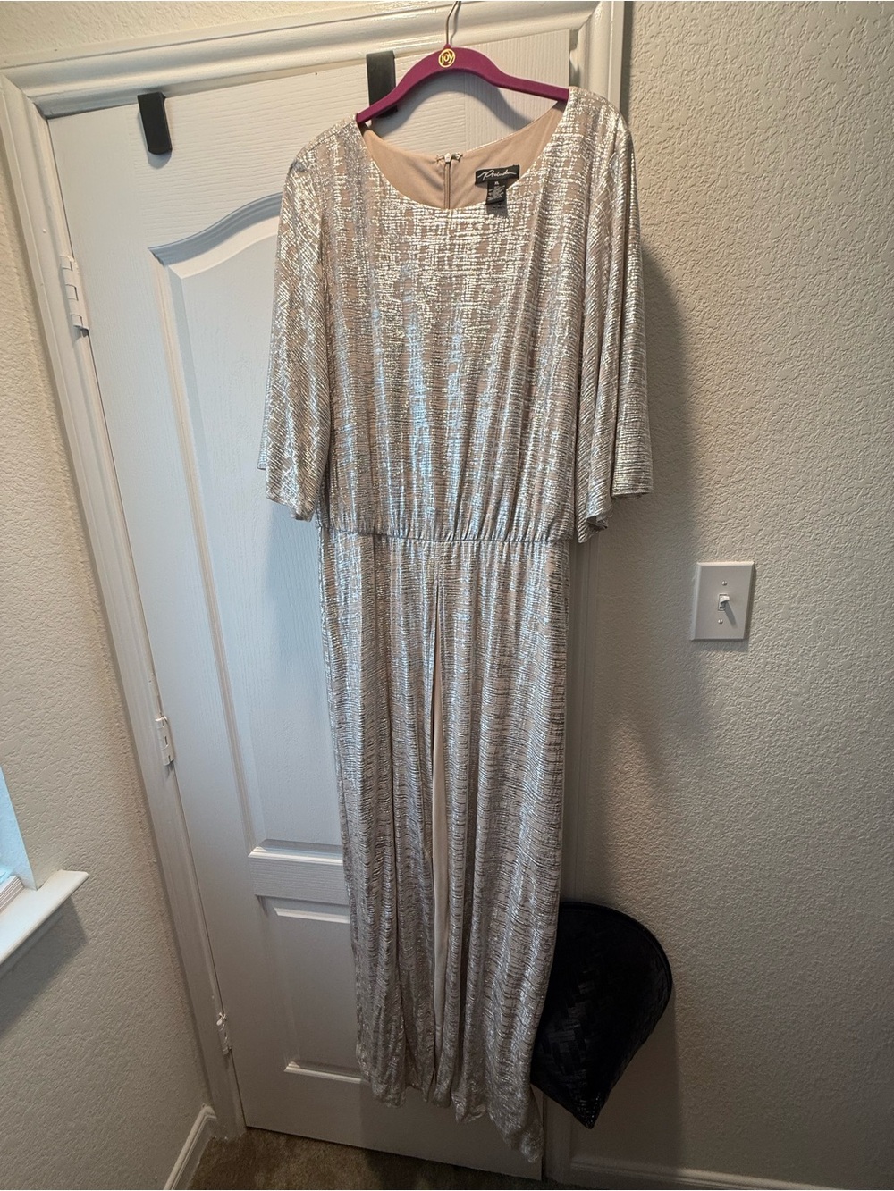 Tahari ASL Silver Metallic Short-Sleeve Evening Jumpsuit